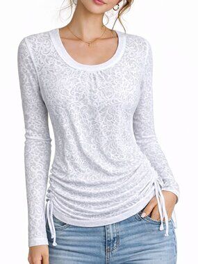 Lucy Semi Sheer White Damask Cinch Side Y2K Long Sleeve Top M